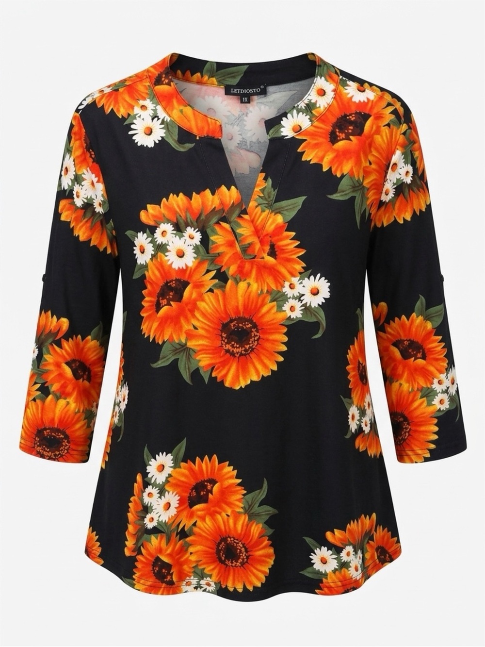 Amazon Black Tunic with Vibrant Orange Sunflower Print